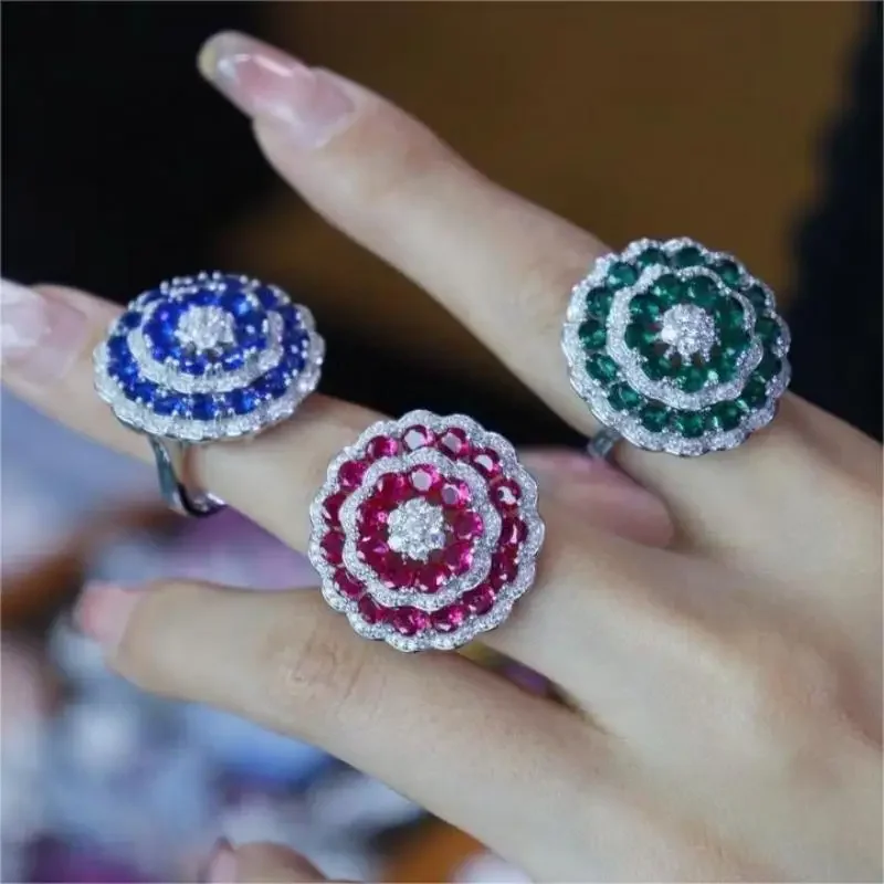 

RUIF New Classic Style 925 Silver Green Blue Pink Zircon Earrings And Ring Women Jewelry Ladies Party Gift