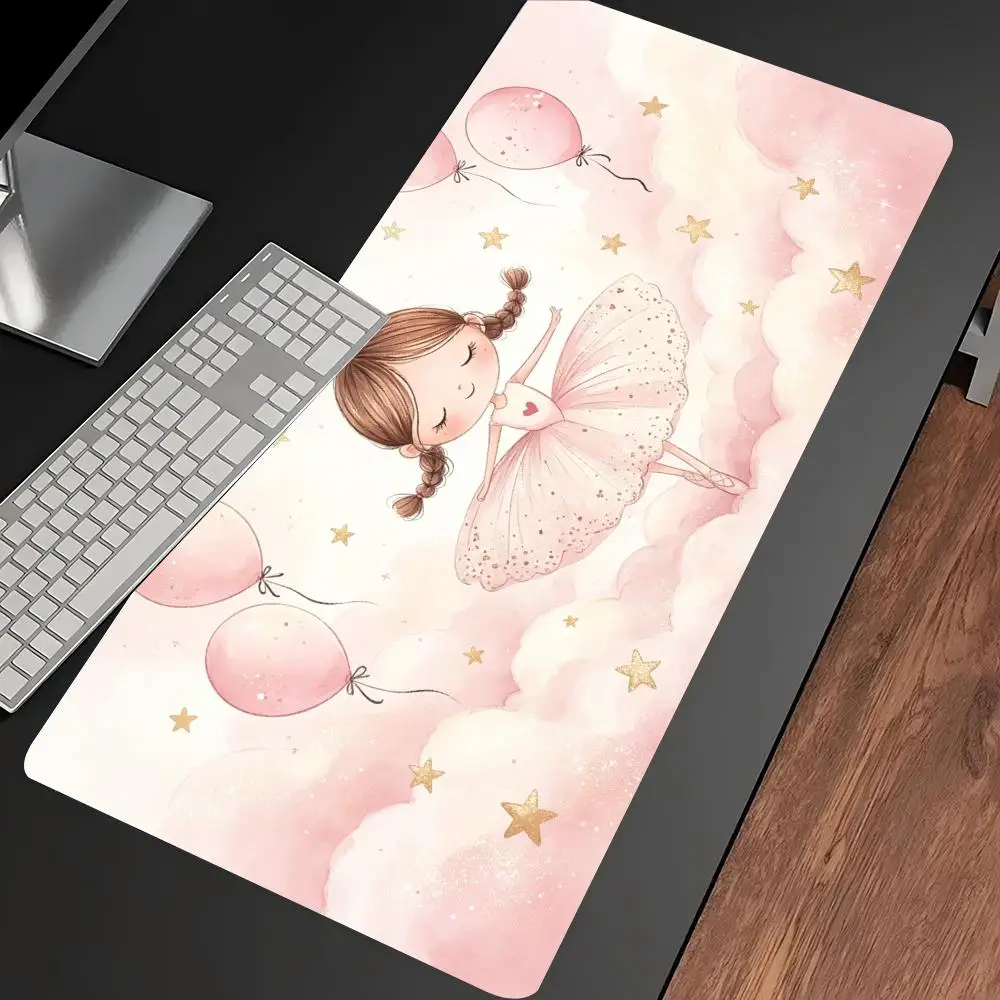 Sweet Ballerina Girl Pink Cloud Large Desk Mouse Pad Non Slip Rubber Keyboard Mat For Office Laptop Gaming Desktop Decor