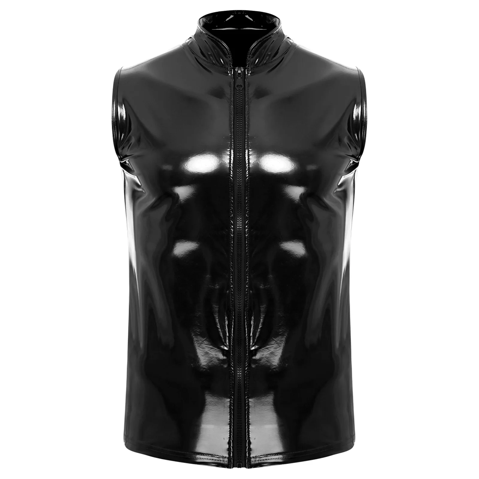 

Mens Wet Look PU Leather Tank Top Stand Collar Sleeveless Front Zipper Solid Color Compression Vest Stylish Clubwear Waistcoat
