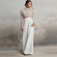 Exquisito cuello alto rebordear nuevo vestido De Novia ilusión Sexy manga larga perla industria pesada novia Civil personalizado Vestidos De Novia