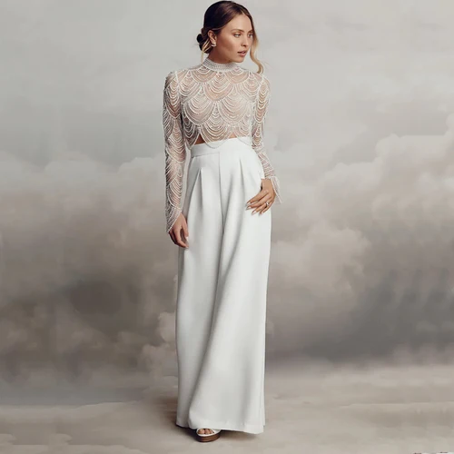 Exquisito cuello alto rebordear nuevo vestido De Novia ilusión Sexy manga larga perla industria pesada novia Civil personalizado Vestidos De Novia