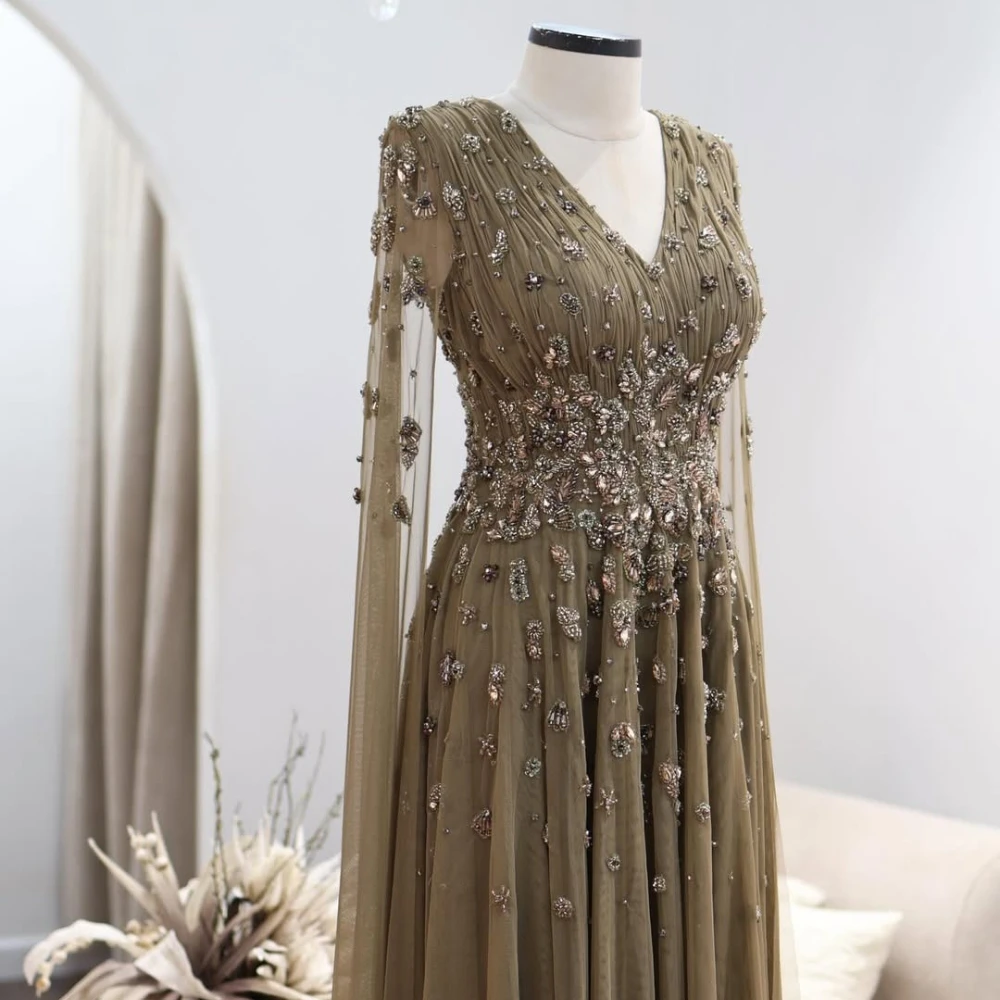 Dusty Olive Green Deep V Neck Long Sheer Mesh Sleeve Gradient Crystal Beaded Ruched Bodice Flowy Tulle Floor Length Modest