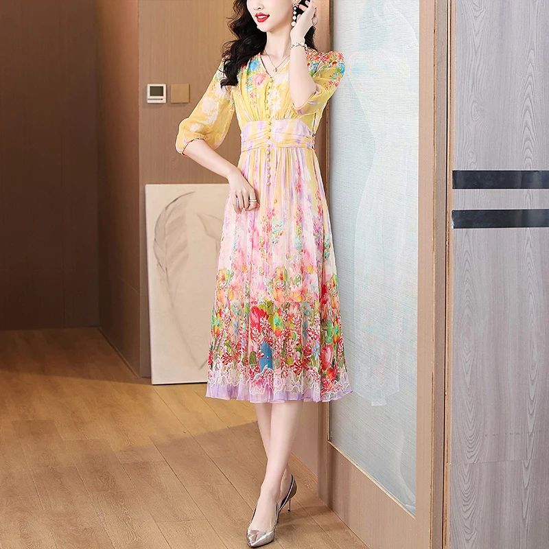 Summer Floral Silk Beach Midi Sundress Women Boho Fashion Casual Light Dress 2025 Spring Korean Elegant Luxury Festival Vestidos