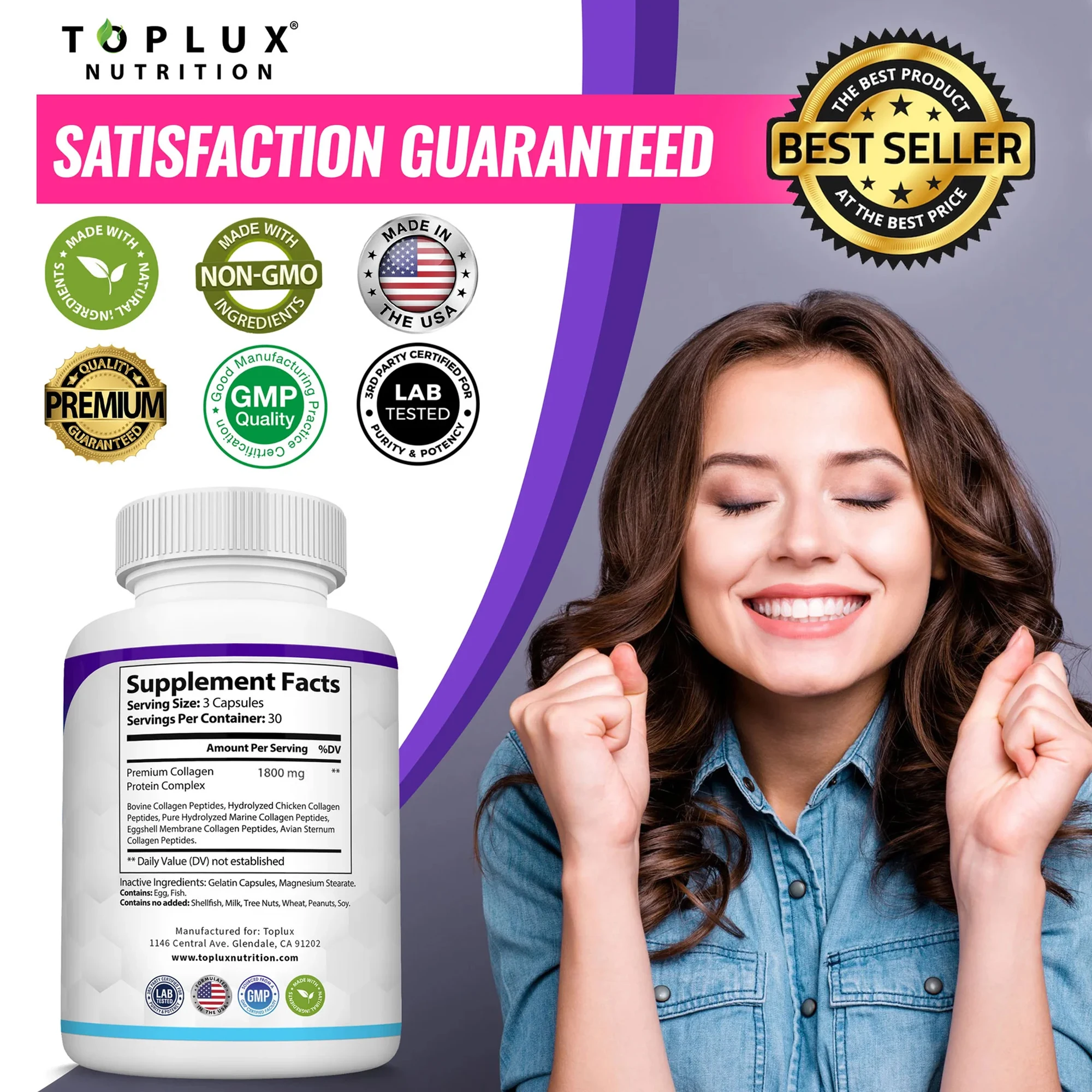 Collagen Peptides 1800mg - Provide Nutrients, Antioxidant, Support Hair, Nails and Skin Health, Increase Elasticity, Vitality