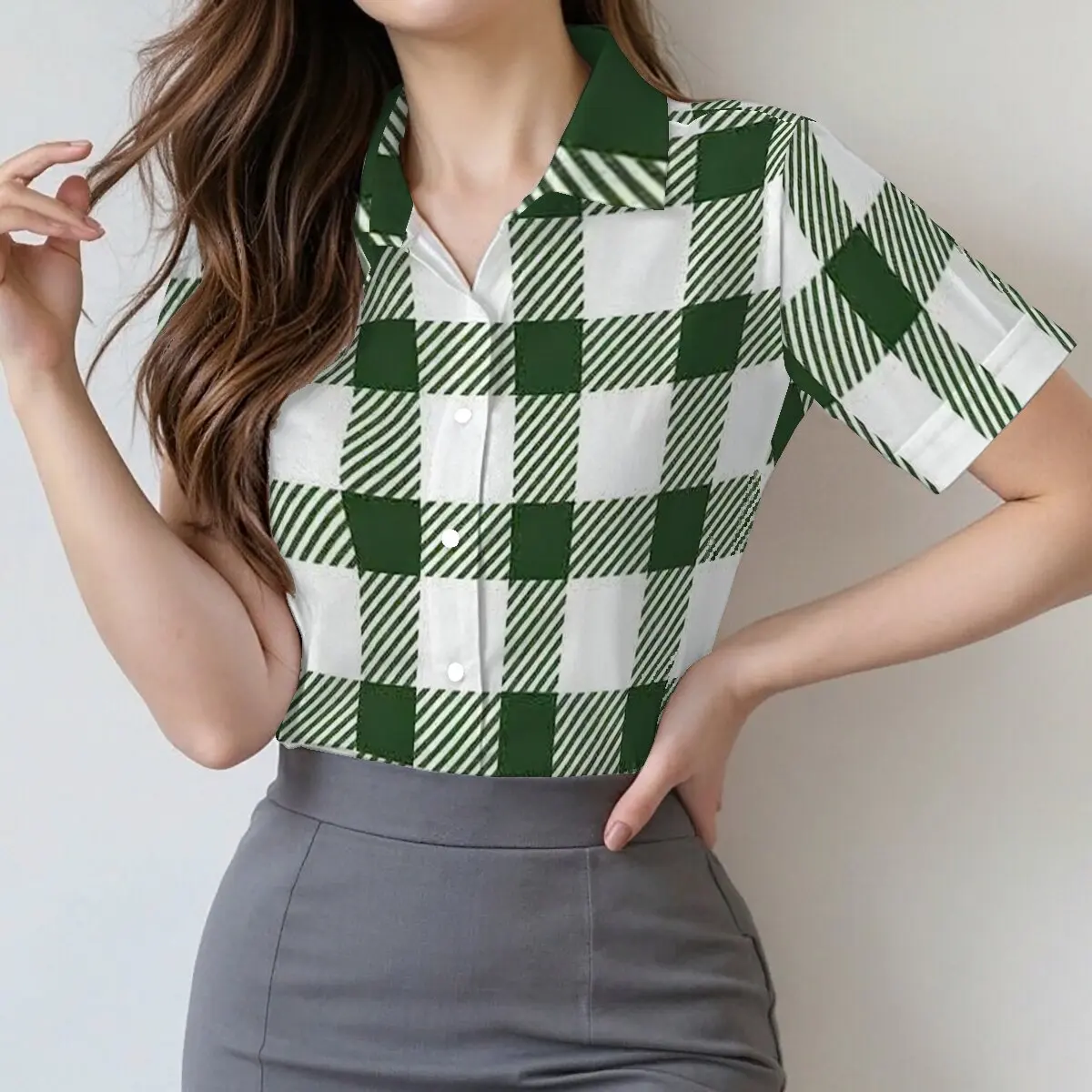 

Summer women's short-sleeve shirt, white and green plaid,classic retro,fresh and vibrant,suitable for daily commute and campus