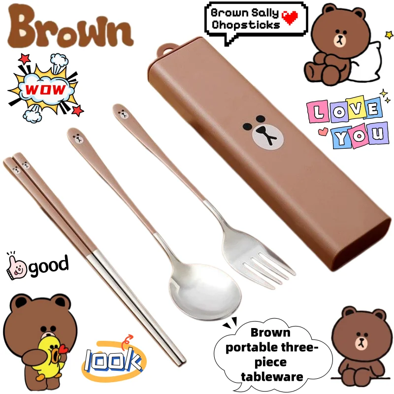 

Brown Sally creative cartoon peripheral chopsticks spoon set cute kawaii portable three-piece tableware storage box wholesale