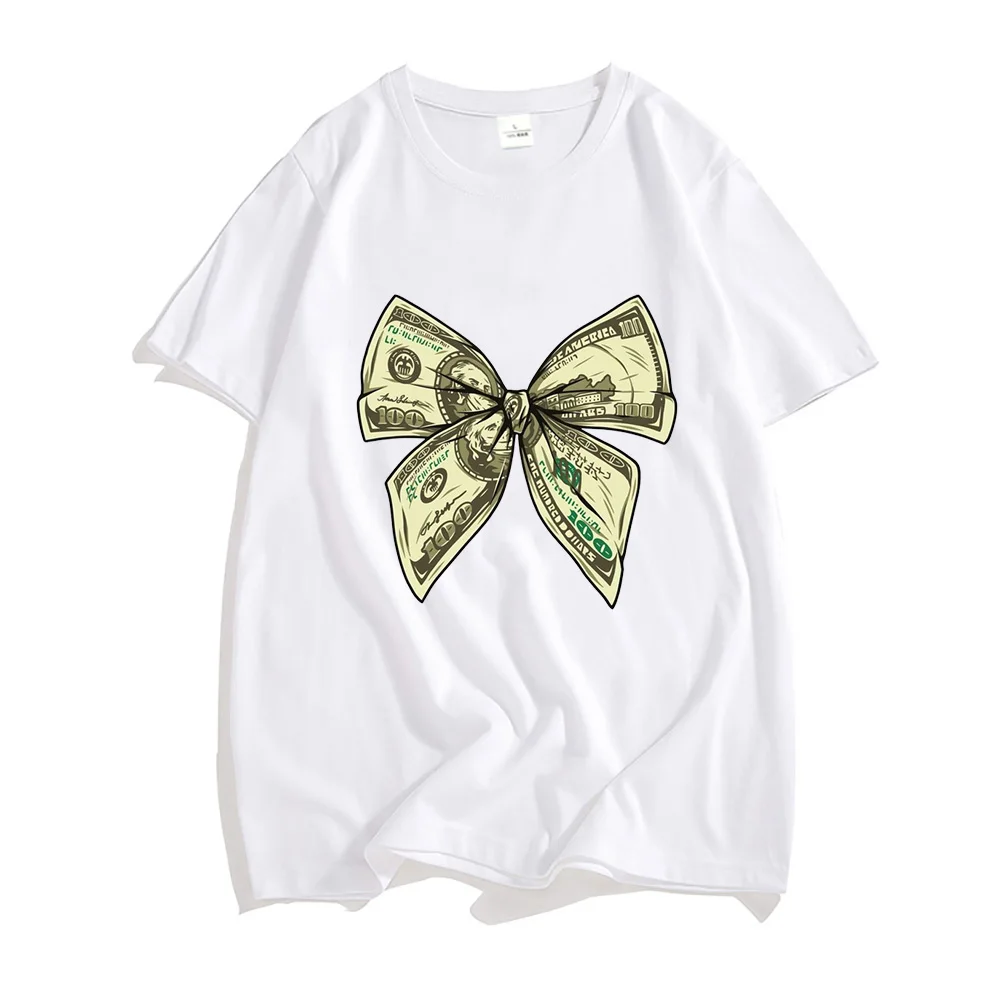 Money Bow 100 Hundred Dollar  Tee-shirt 100% Cotton Short Sleeve Soft T-shirts Men/Women Clothing Rich Man Printing Shirt Male