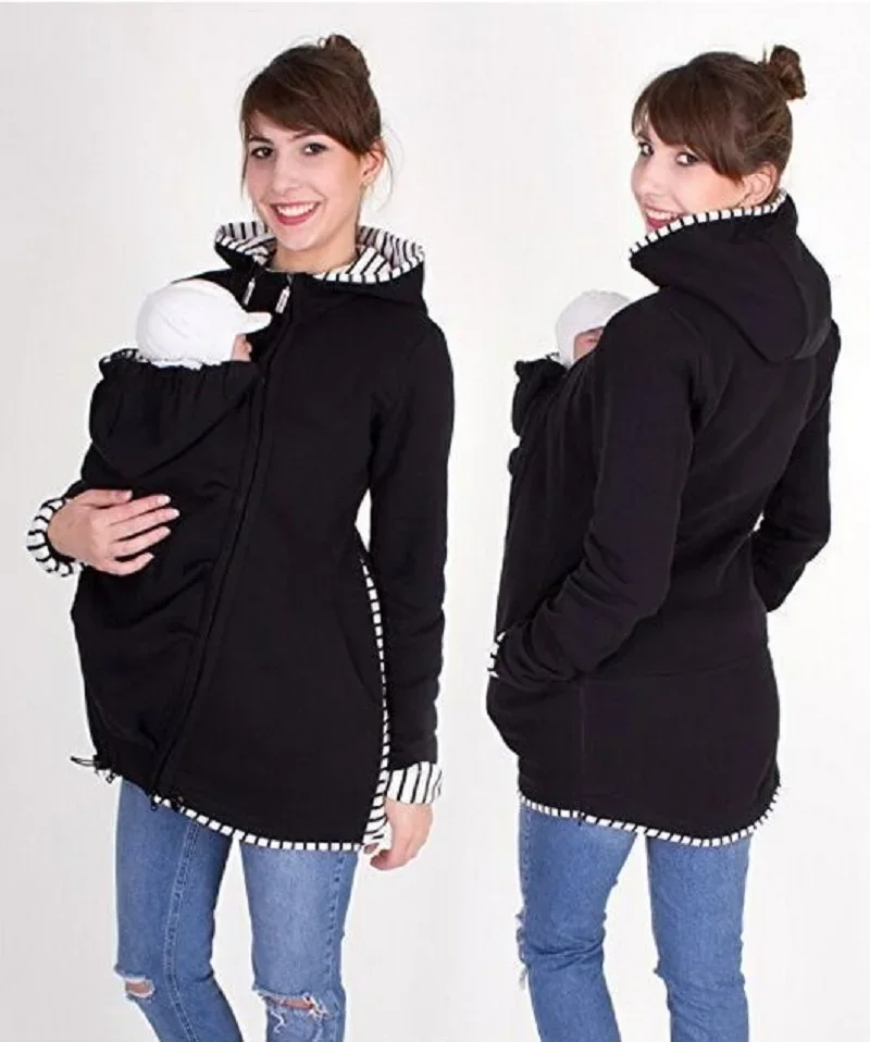 Women's Maternity Kangaroo Baby Carrier Sweatshirt Outwear Zipper Up 3 in 1 Hooded Coat Jacket for Baby and Mother Warm