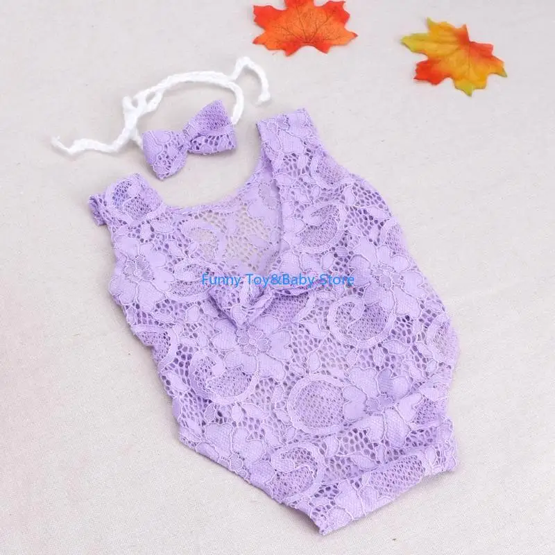 

C90B Beautiful Baby Photography Props Hollow Bowknot Lace Romper Newborn Girls Outfit