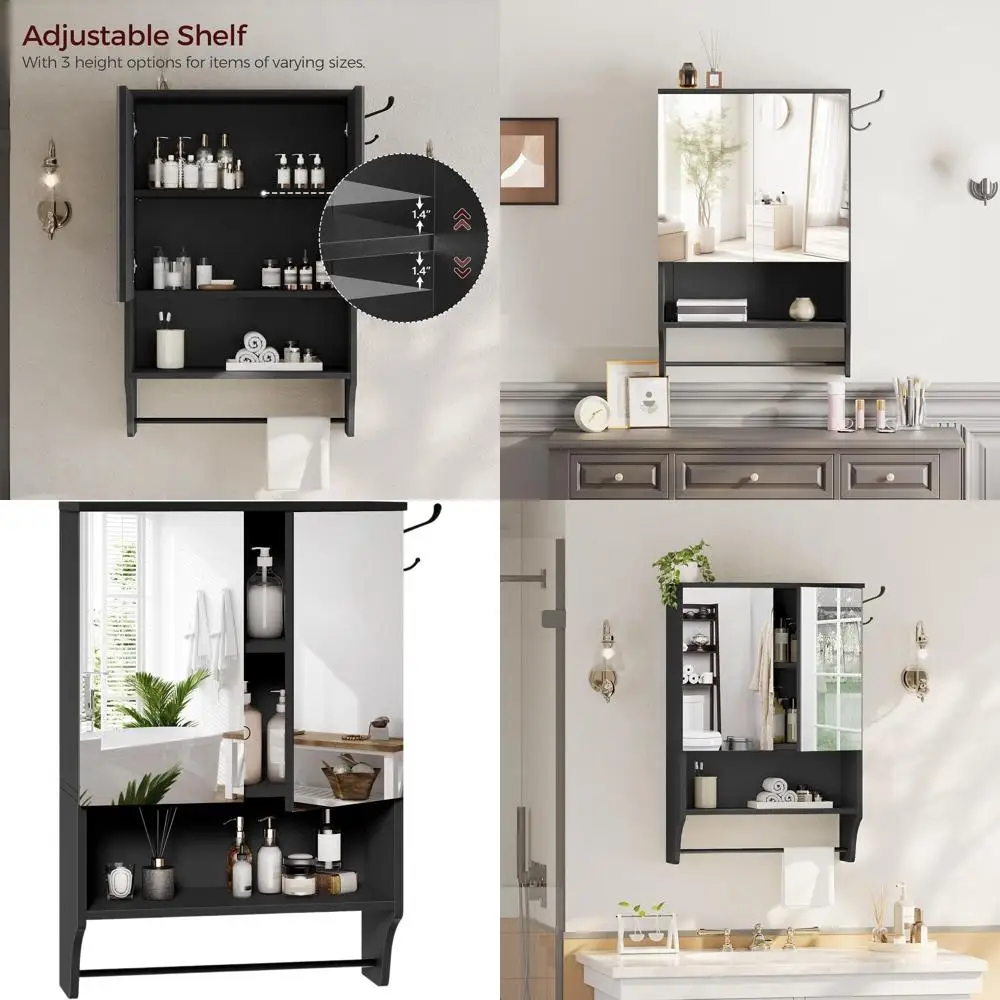 

Over-the-Toilet Wall Cabinet with Mirror, 2-Door Medicine Storage, Adjustable Shelf, 18.9W x 26.2H, Black