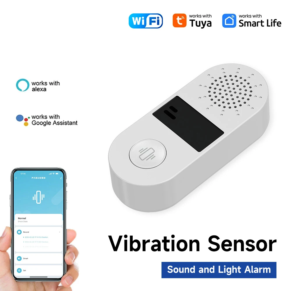 Tuya Wifi Smart Vibration Sensor Detection Sensor SmartLife App Notification Real-Time Motion Sound and Light Alarm Record ﻿