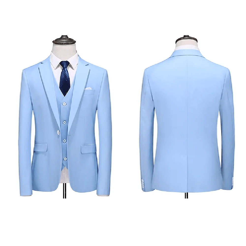 2023 New Men Suits Sky Blue Notch Lapel One Button Linen Blazer Fashion and Elegant Suits for Men Business Wedding Slim 3 Piece