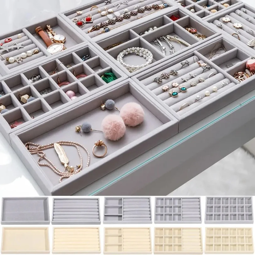 

Stackable Velvet Jewelry Storage Box Velvet Necklace Display Tray Bracelet Earring Organizers Ring Bracelet Necklace