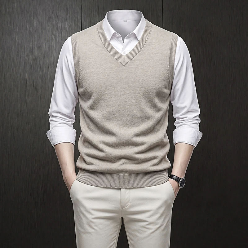 Herren V-Ausschnitt Einfarbige Strickweste Ärmellose Strickjacke Business Casual Slim Fit Pullover Tank Top Winter Warme Strickware – Detail 3