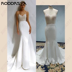 Frisado pérola bainha sereia vestidos de casamento 2023 alças espaguete swatheart cetim vestidos de noiva robe de mariee civil para mulher