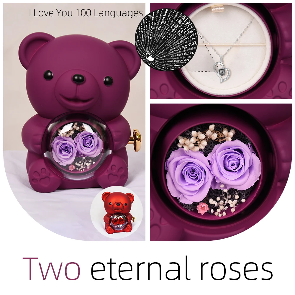 Special Two-Eternal Rose Flowers Teddy Bear Necklace with projection for Women Birthday Valentine's Day, Mother's Day gift