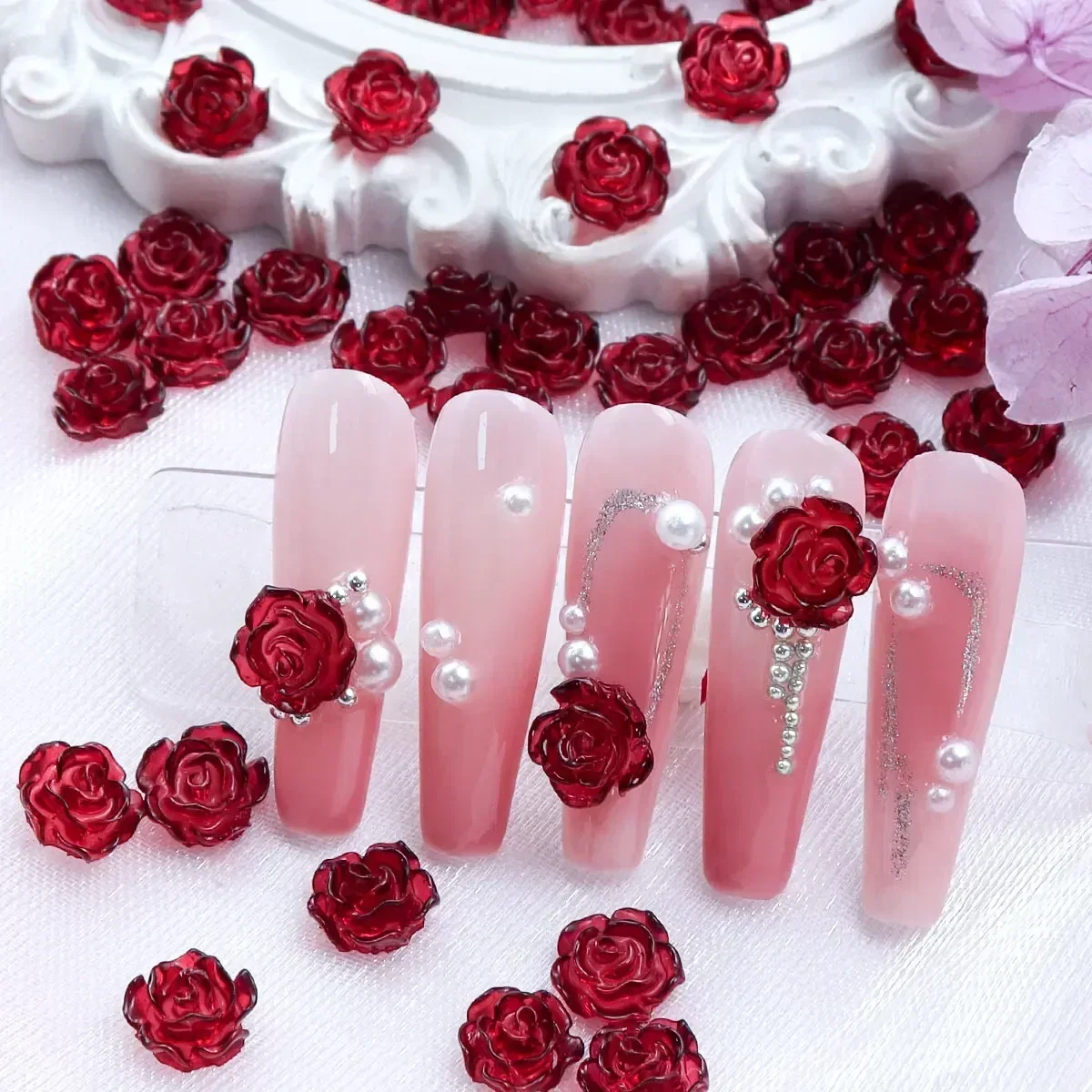 30pcs Wine Red Rose Nail Charms Decorations Vintage Camellia Floral Resin Korean Nail Art Parts for Valentine's Day DIY Supplies