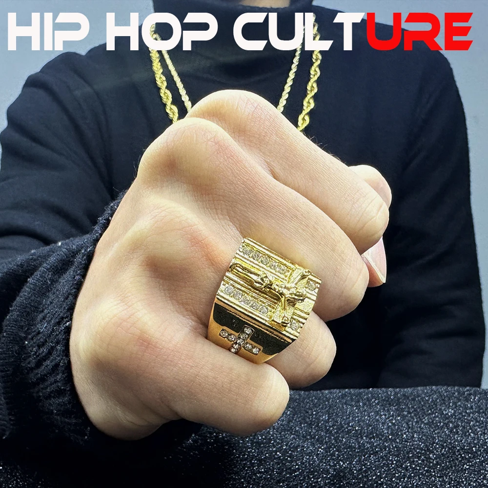 Trendy custom men's ring, luxurious 18K gold plated, diamond inlaid with Jesus pattern, suitable for hip-hop, street gangs