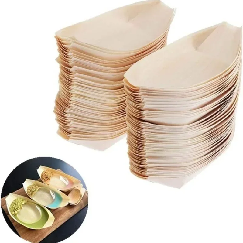 50Pcs Disposable Wooden Boat-shaped Sushi Plate Salad Dessert Bowl Pine Wood Bowl Plate Tray for Home Party Wedding Supplies