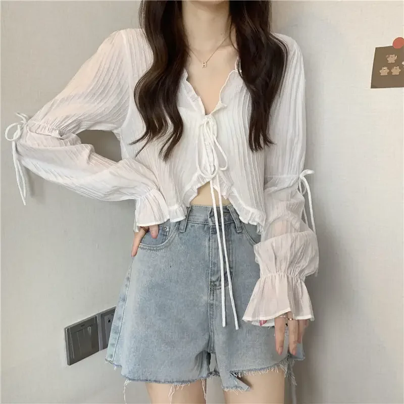 Süße Rüsche Spitze Up Cardigan Frauen Sommer Lange Hülse Sonnencreme Jacke Frau Candy-farbe Chiffon Crop Tops