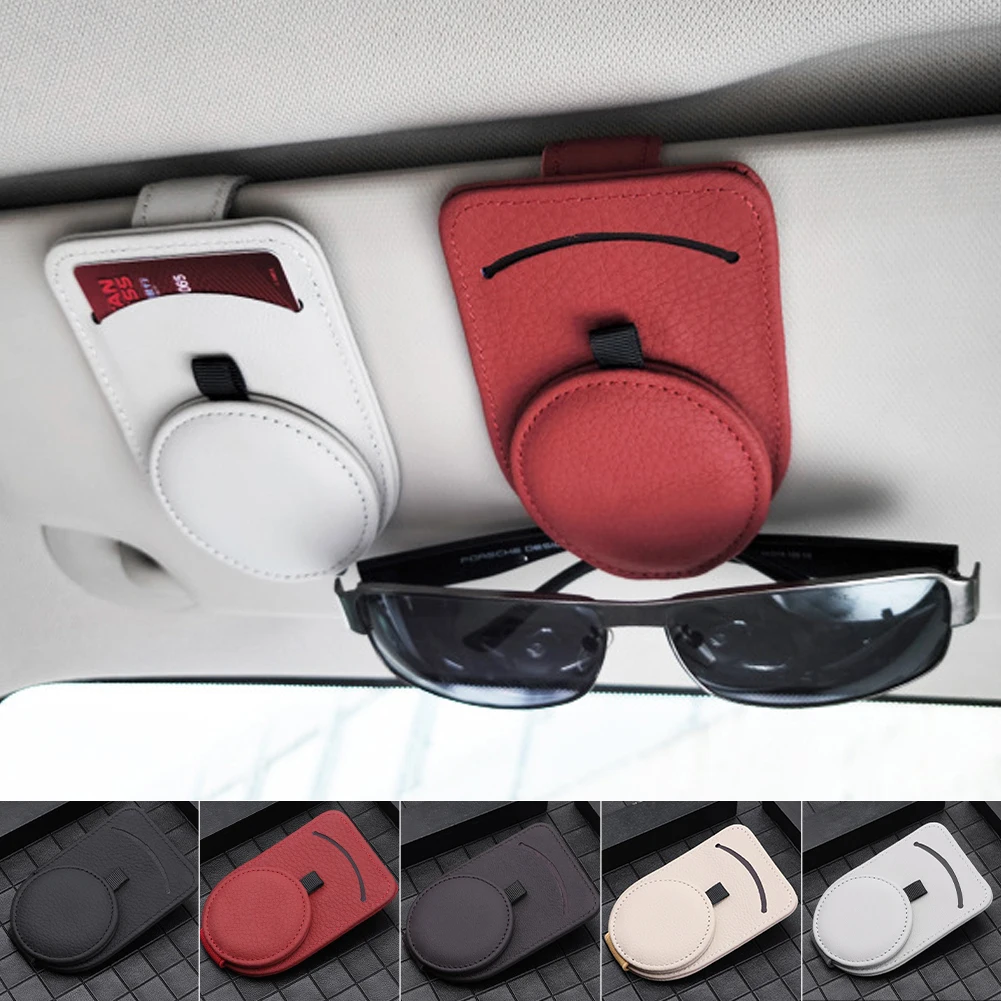 Universal Car Sun Visor Glasses Holder Leather Eyeglasses Clip Magnetic Flip Sunglasses Card Holder Fastener Interior Organizer