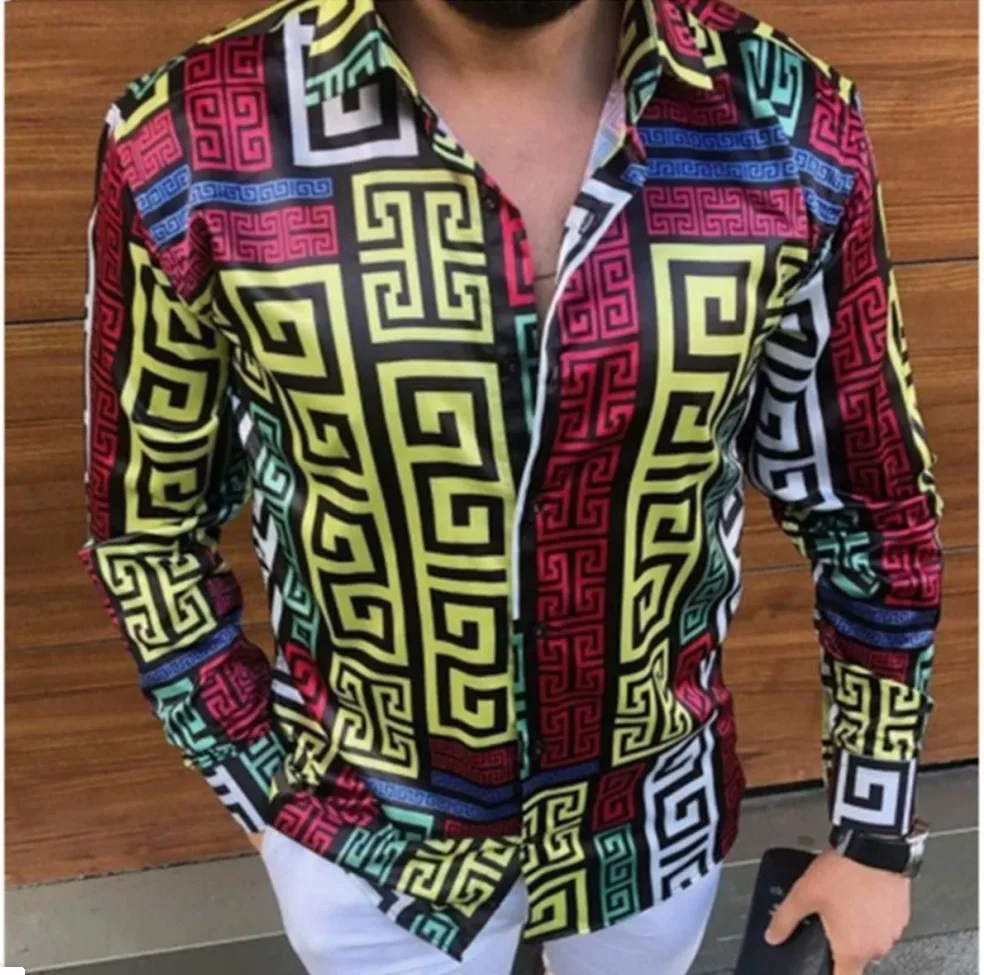 Men Firework Star Print Satin Shirt Glossy Long Sleeve Button Up Party Shirt