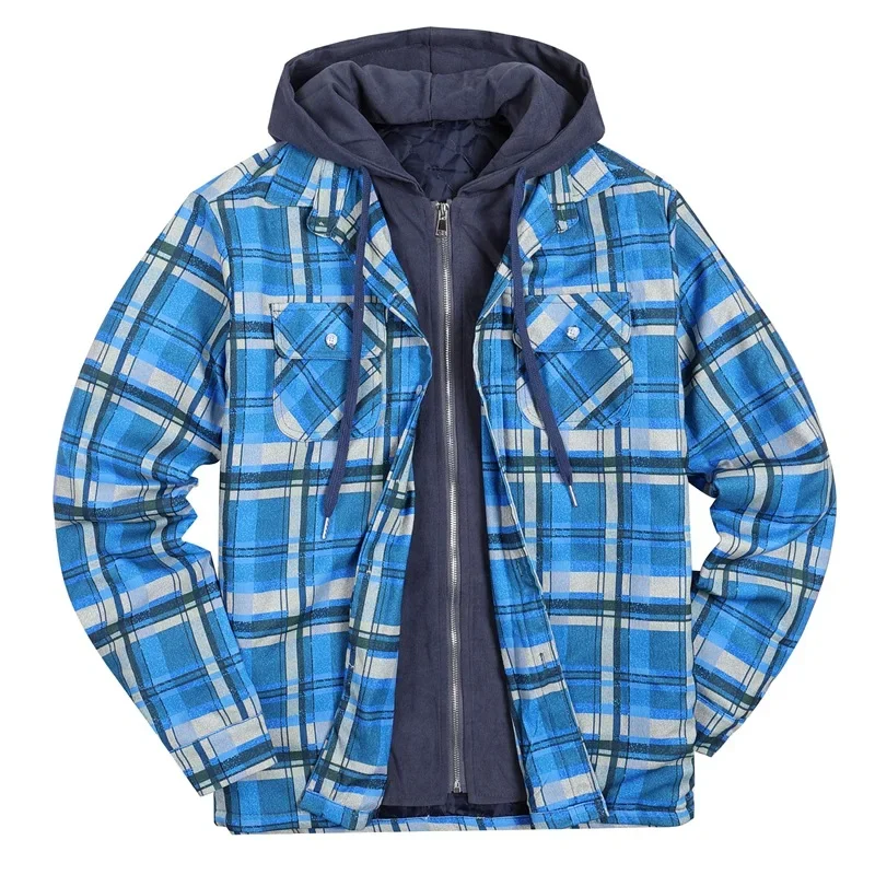 Winter jacke Männer Plaid Print Langarm Kapuze gefälschte zwei Mäntel Mode Streetwear große Ropa de Hombre Oberbekleidung Tops