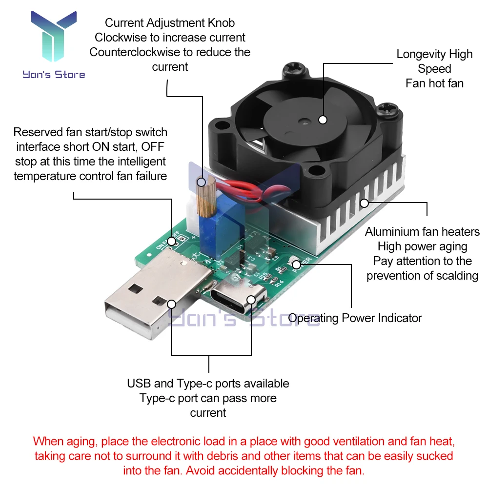 USB Load Tester Electronic Load Test Resistor Module 18W/22.5W USB/Type C Interface Adjustable Constant Current with Cooling Fan