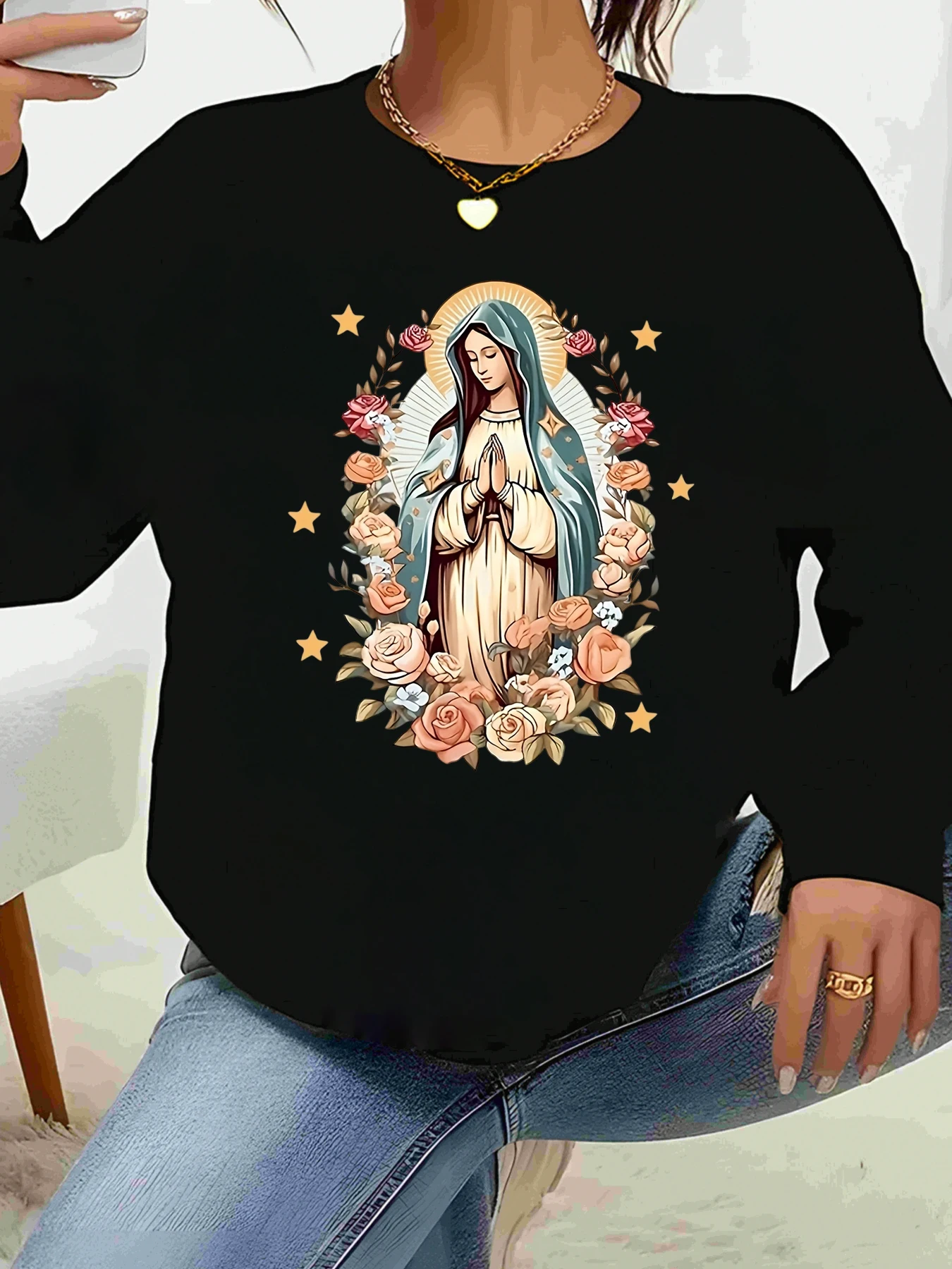 

Футболка с длинными рукавами и цветочным принтом Девы Марии, религиозный подарок, женская повседневная одежда