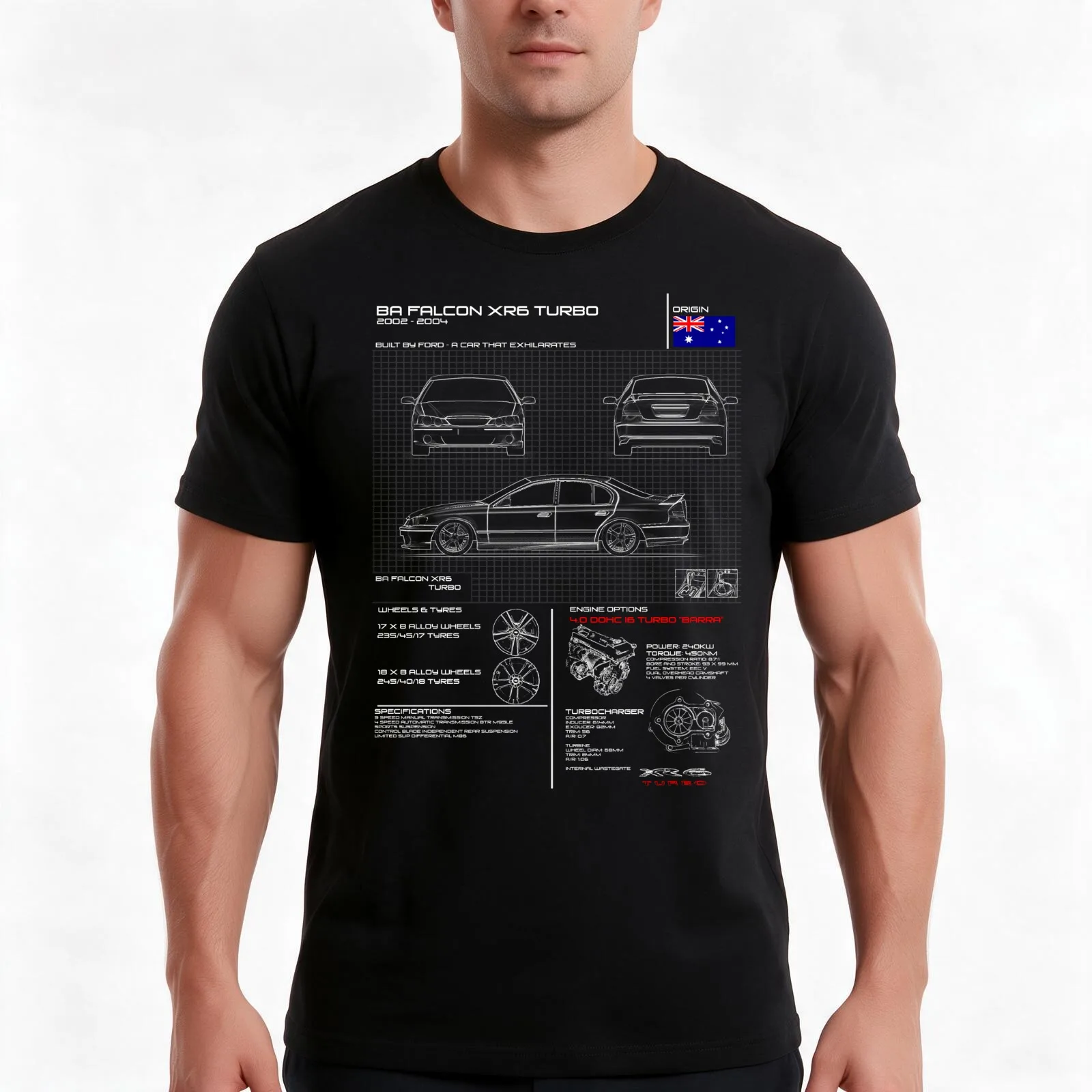 BA Falcon XR6 Turbo Infographic T-Shirt Summer Casual Cotton Tee Oversized Streetwear Tops Vintage Graphic Print 100% Cotton