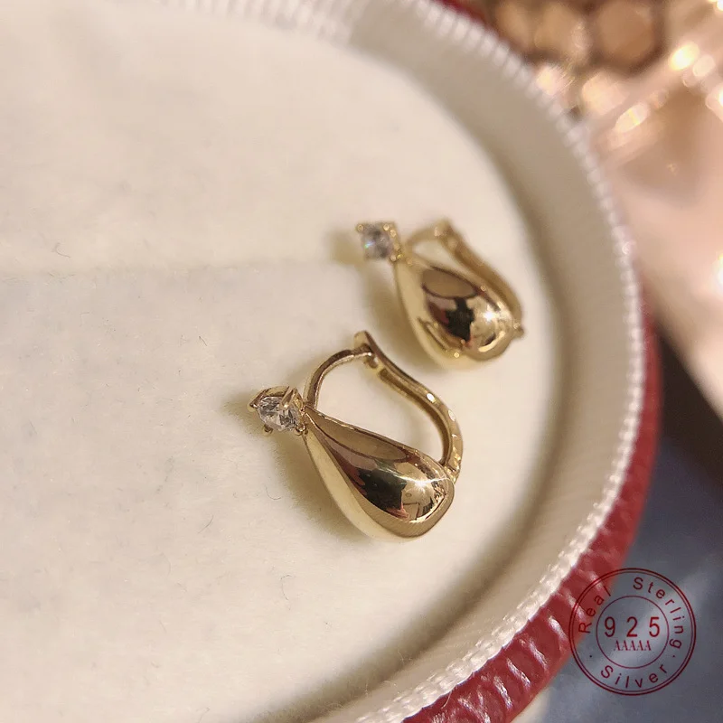 S925 Sterling Silver Plating 18K Gold Water Droplet CZ Earrings for Women Simple Glossy Minimalist Earrings