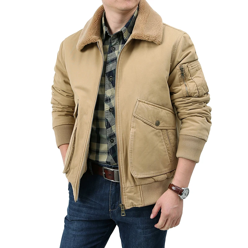 

Men Bomber Jacket Winter Fleece Cargo Jacket Zipper Padded Jacket Fashionable Casual Lapel Workwear Classic Pure Cotton Coat