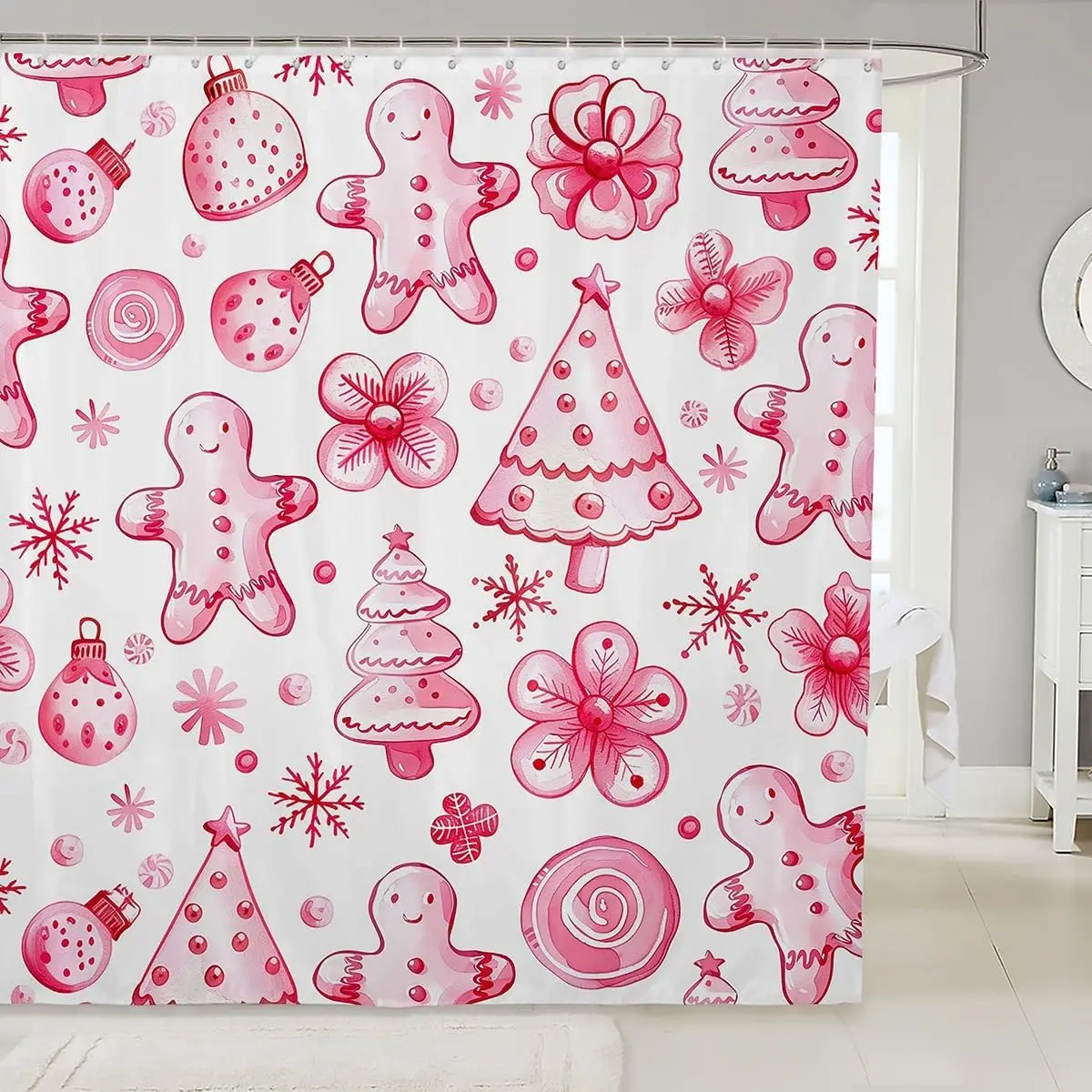 Cortina de ducha navideña blanca y rosa, bonita cortina de baño de hombre de jengibre, cortinas de ducha de tela con flores de árboles de Navidad, copos de nieve