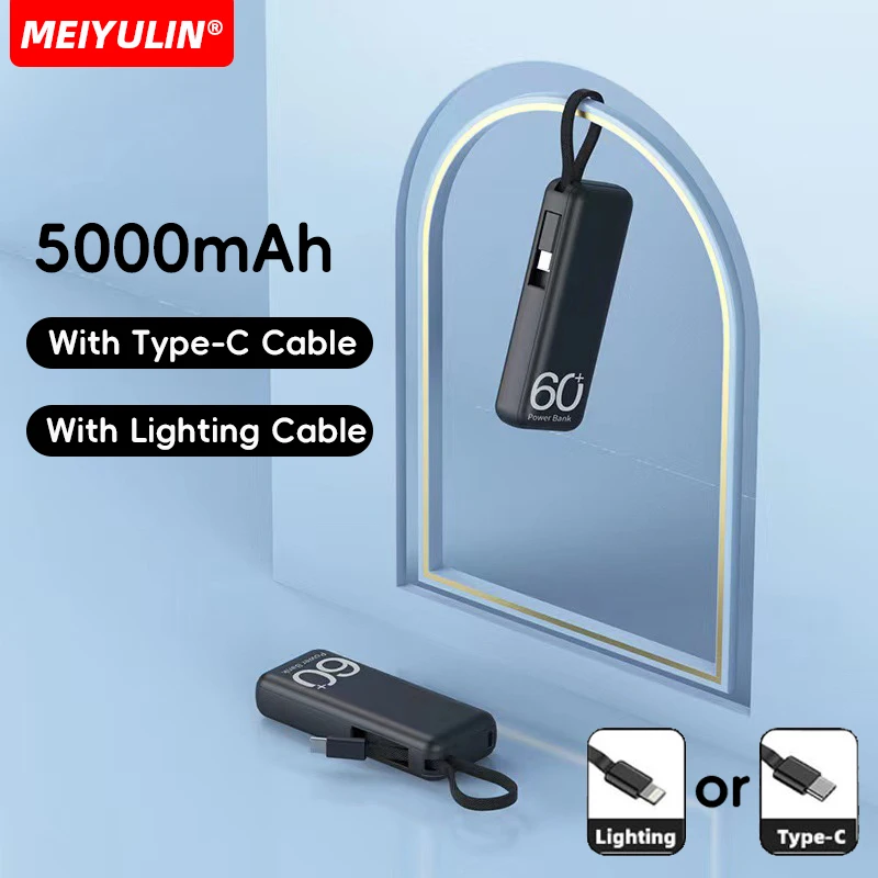 Portable 5000mAh Mini Power Bank  Fast Charger for iPhone 15 14 Samsung Xiaomi With Type-C/Lighting Cable External Spare Battery