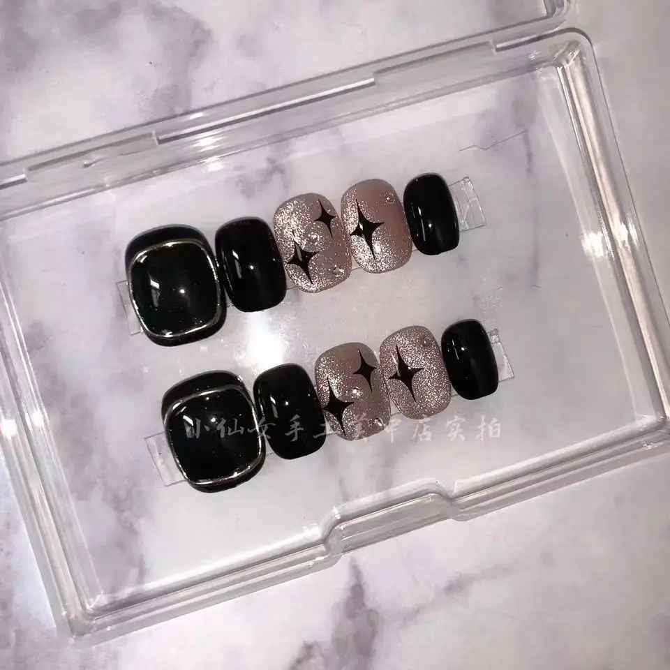 

10pcs Handmade Press on Nails Starlight Black and Gold Cat's Eye Full Coverage Nail for Women&Girl Removable Wearable False Nail