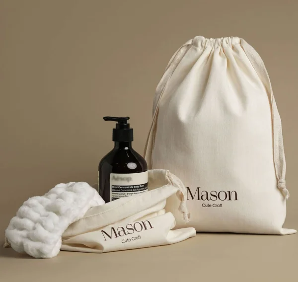 Custom Logo Herringbone Cotton Drawstring Pouch Reusable Jewelry Apparel Skincare Cosmetic Gift Packaging Bag