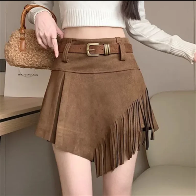 

Vintage Tassel Skirt Ladies Short Dress Asymmetrical High-Waist A-Line Suede Velvet Skirt Trendy Streetwear Female Midi Skirt