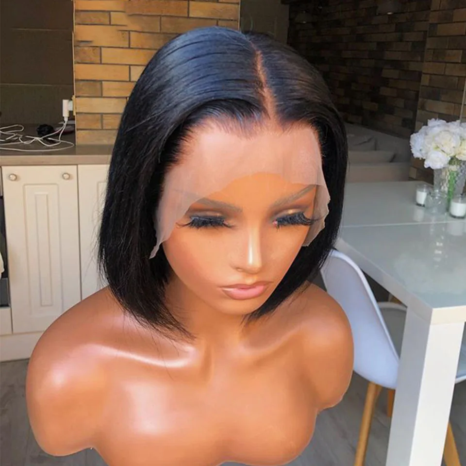 Peluca de encaje frontal profundo para mujeres negras, pelo de bebé prearrancado, color negro Natural, suave, 180% densidad, corto, recto, sedoso, predesplumado, diario