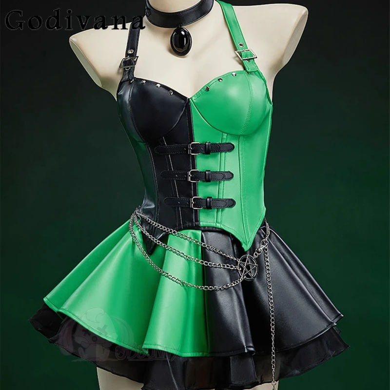 トップスとスカートのセット、チョーカーとウエストチェーン付き、ハロウィン、女性用ゴシック、黒と緑の衣装、女性用カラーブロックコルセットスカートスーツ