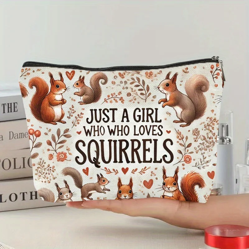 Un sac de maquillage illustré écureuil – Jolie pochette multifonctionnelle à fermeture éclair pour femmes, sac de rangement de bijoux