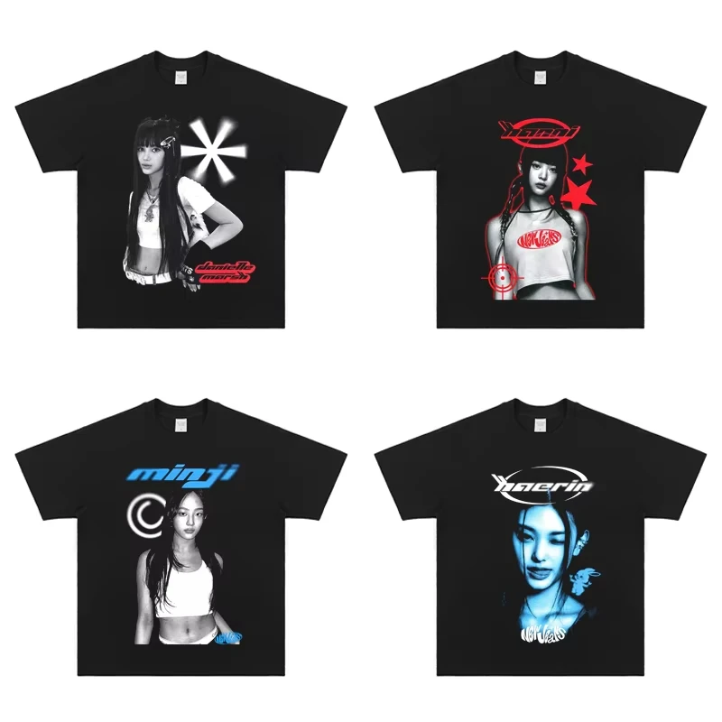 

NEWJEANS Kpop футболки для мужчин и женщин, хлопковые винтажные футболки с принтом певцов, одежда с короткими рукавами, футболка большого размера