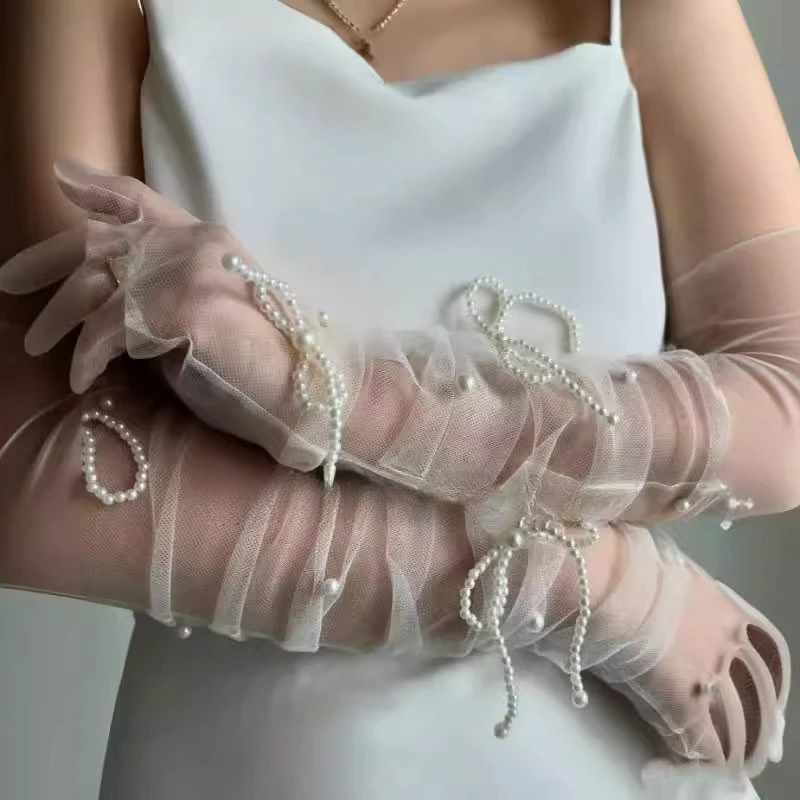 Bridal gloves white mesh long imitation pearl hand yarn tube top dress wedding accessories full finger wedding gloves