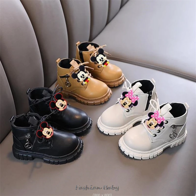 Mickey Minnie Children\'s Fashion Boots for Boys Short Boots New Girls Leather Ankle Boots Kids Yellow Black Fashion Sneakers