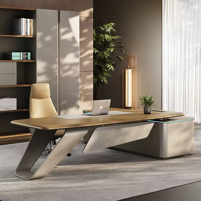 Modern curved V-shaped metal legs adjustable executive desk, L-shaped wooden manager's desk, luxury desk