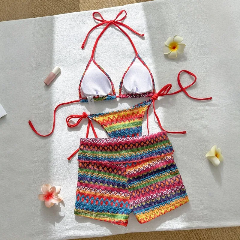 Sexy Striped Knitted Bikini Set Women Style Boxer Shorts Mesh Three-piece Women Swimsuit Neck Lace-up Bikini Купальник Женский