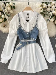 2023 Summer High-End White Shirt Dress Female Lapel Diamond Pearl Luxury Shirt Short Denim Vest Chic 2 Piece Sets Female Fashion