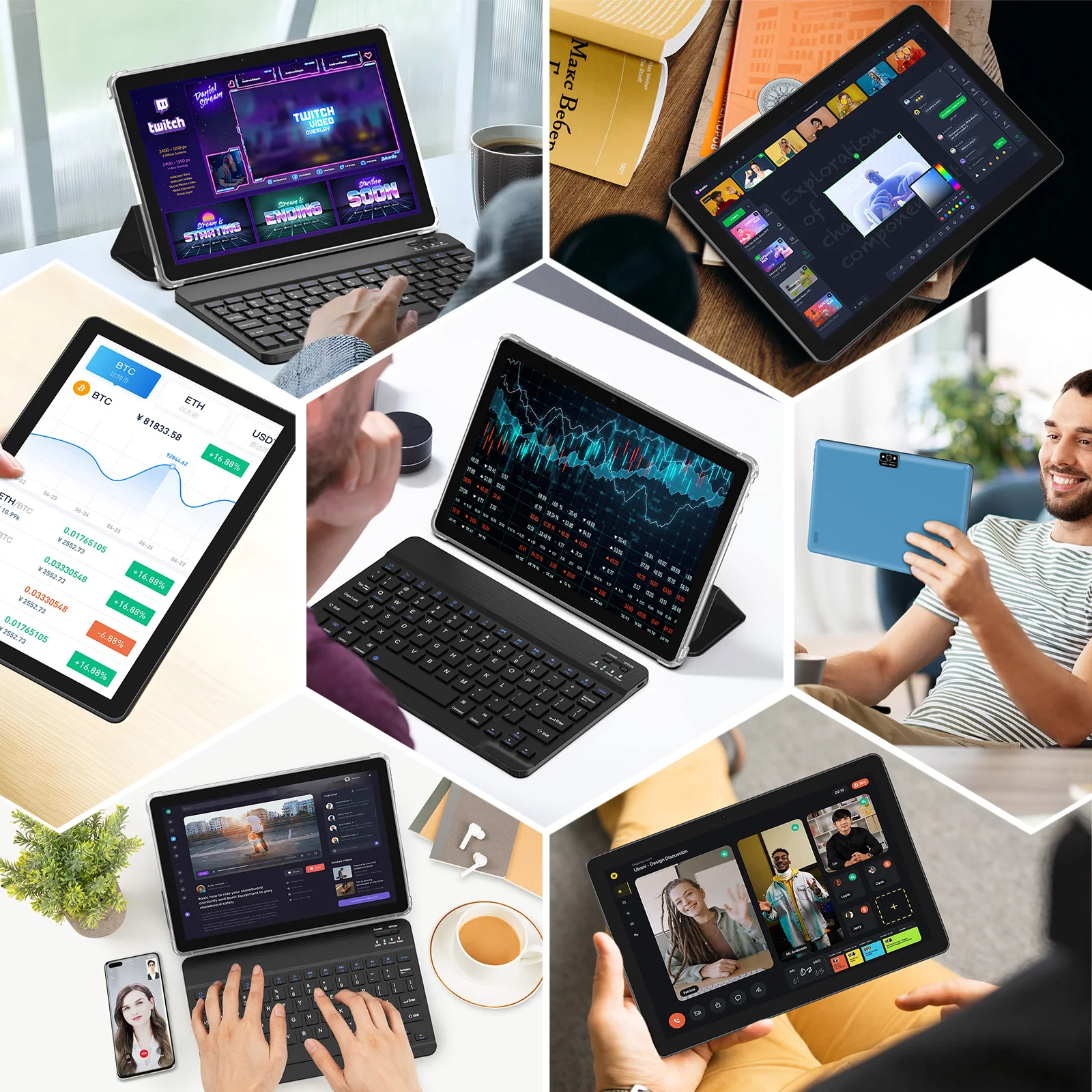 แท็บเล็ต Android 13 ขนาด 10 นิ้ว, โปรเซสเซอร์แบบสี่คอร์, RAM 7GB (ขยายได้ 3G+4G) + ROM 64GB, กล้องคู่, WiFi, Bluetooth