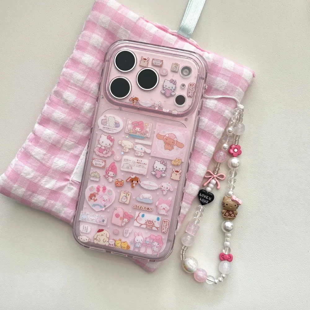 Funda Transparente Rosa con Pegatinas KT para iPhone 17 Pro Max, 14 Pro, 15 Pro Max, 16 Pro Max, con Correa, Antigolpes