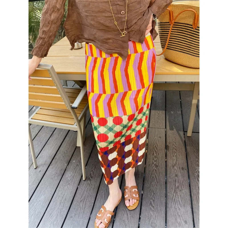 2026 Summer New Miyake Pleated Skirt Fashion Print Mid-Length Slimming Straight Drape Long Skirt Women's Casual Vacation Wear