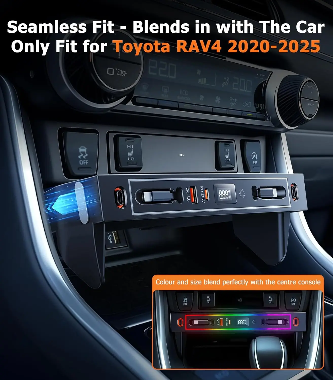 for Toyota RAV4 2020-2025 Car Charger USB Hub, 4-Port Retractable Docking Station, Center Console Phone Fast Charger